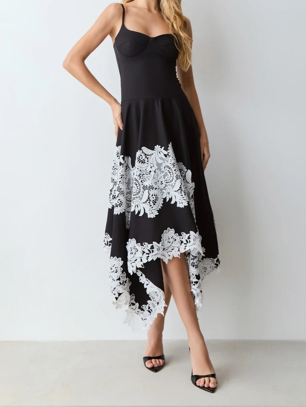 Black And White Lace Contrast Midi Dress