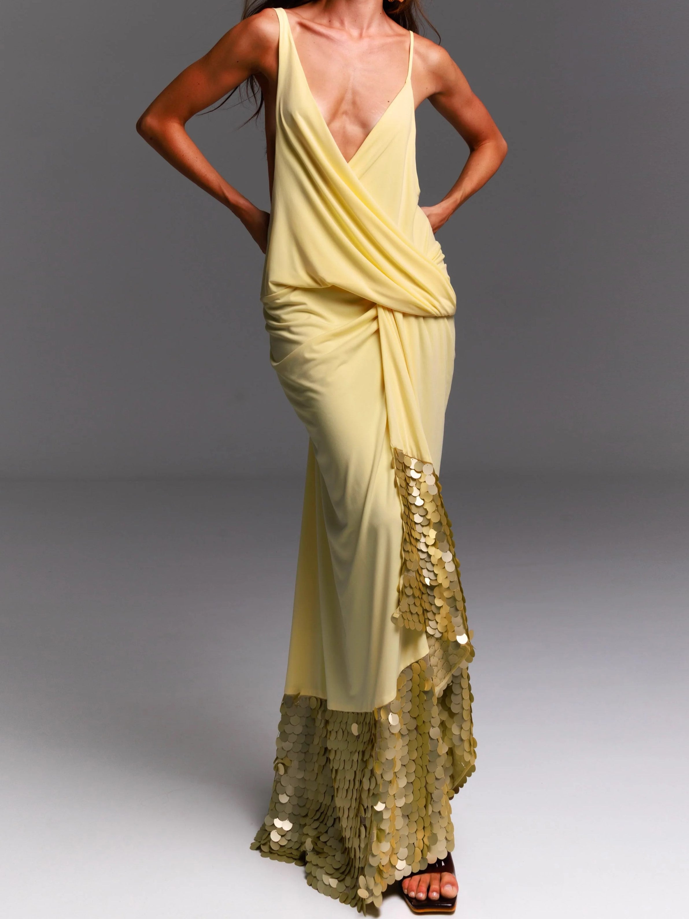 Yellow Sequin Hem Draped Maxi Dress