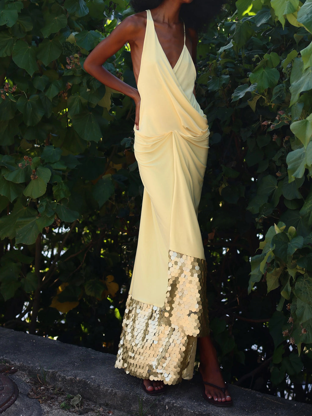 Yellow Sequin Hem Draped Maxi Dress