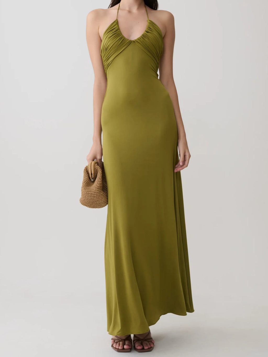 Olive Green Halter Ruched Maxi Dress