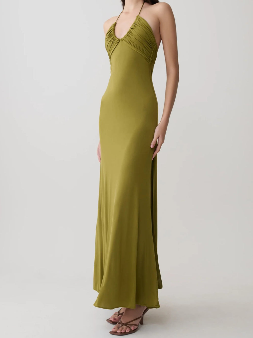 Olive Green Halter Ruched Maxi Dress