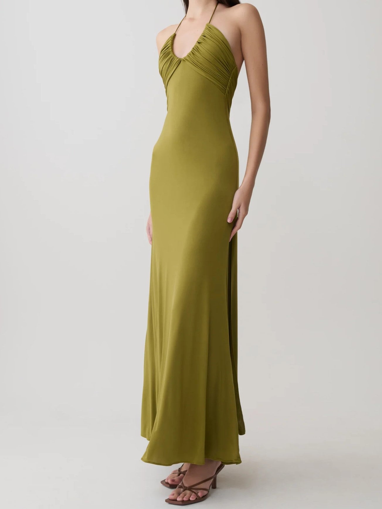 Olive Green Halter Ruched Maxi Dress