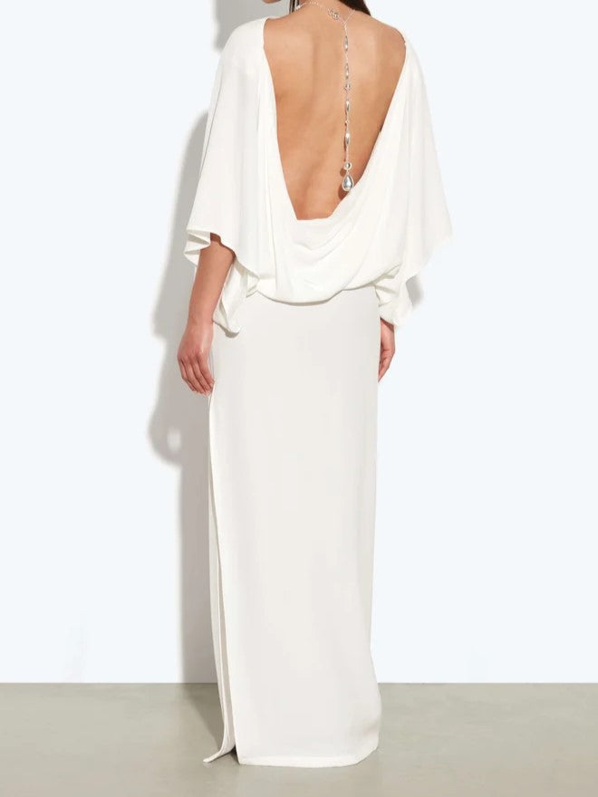 White Cape Sleeve High-Slit Maxi Dress