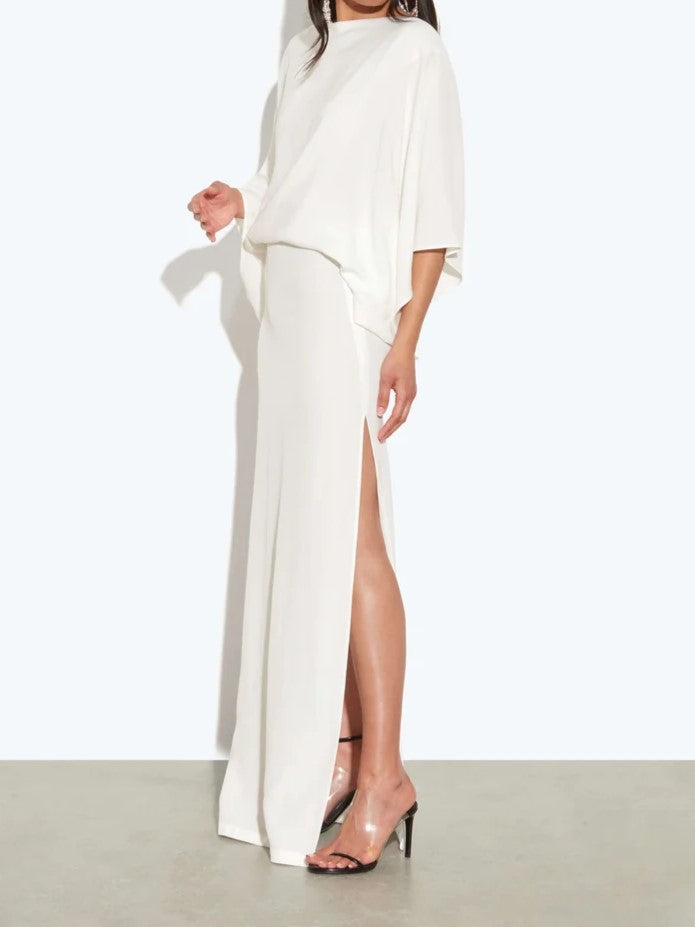 White Cape Sleeve High-Slit Maxi Dress