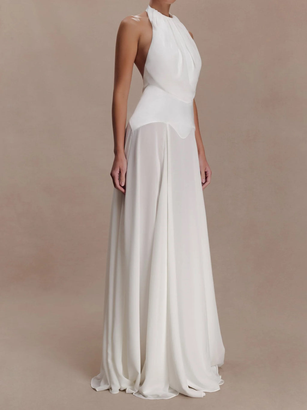 White Halter Gathered Maxi Dress