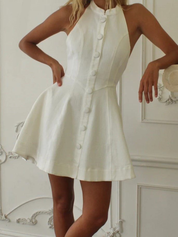 White Halter Button-Front Mini Dress