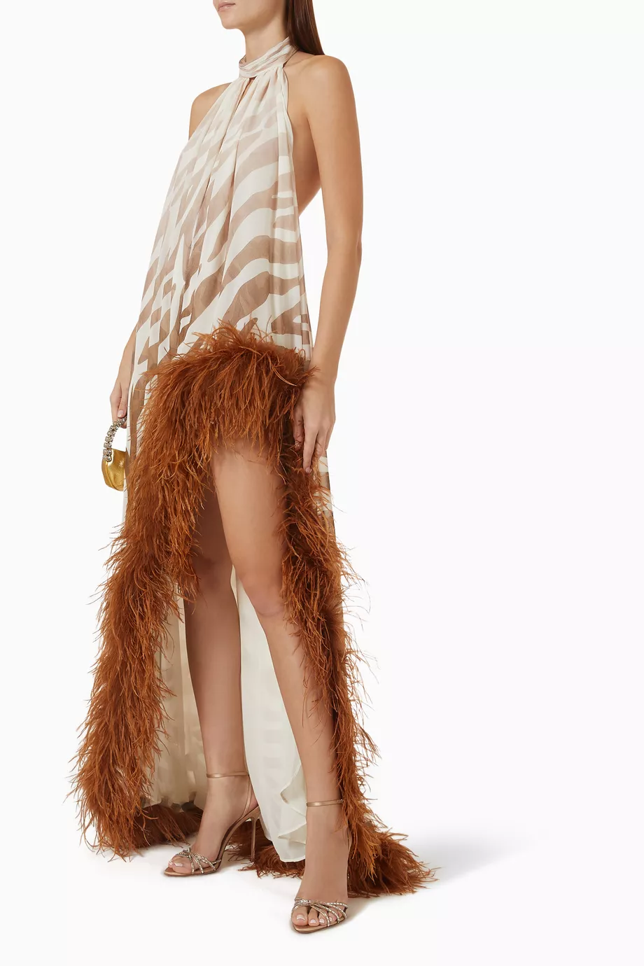 Zebra Print Feather Trim Halter Maxi Dress