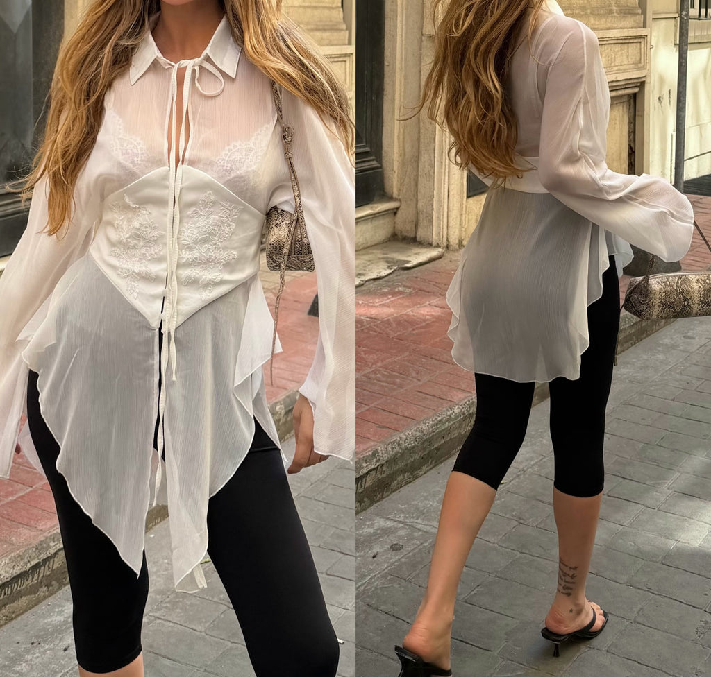 White Sheer Tie-Front Corset Blouse