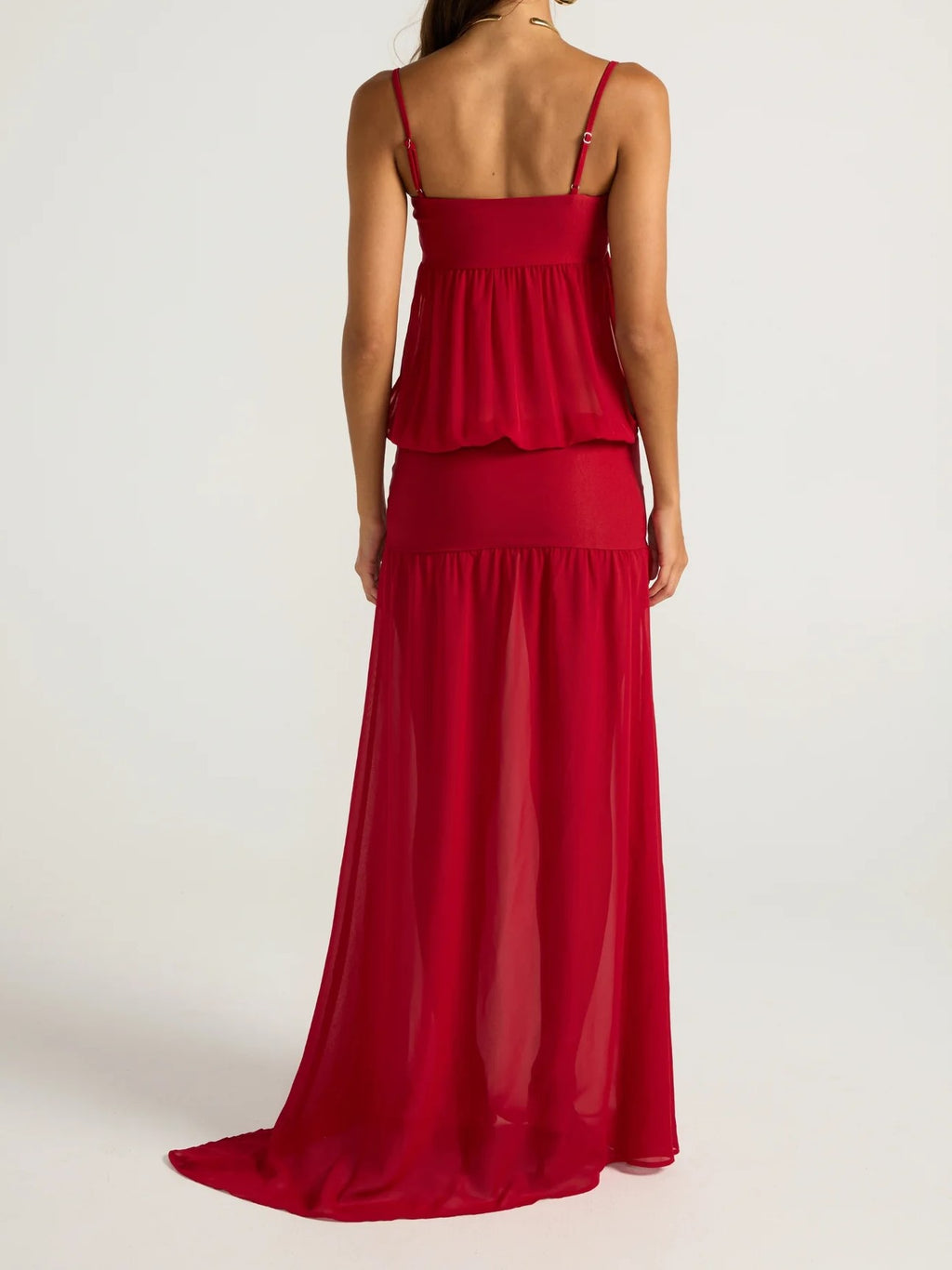 Red Strapless Ruffle Maxi Dress