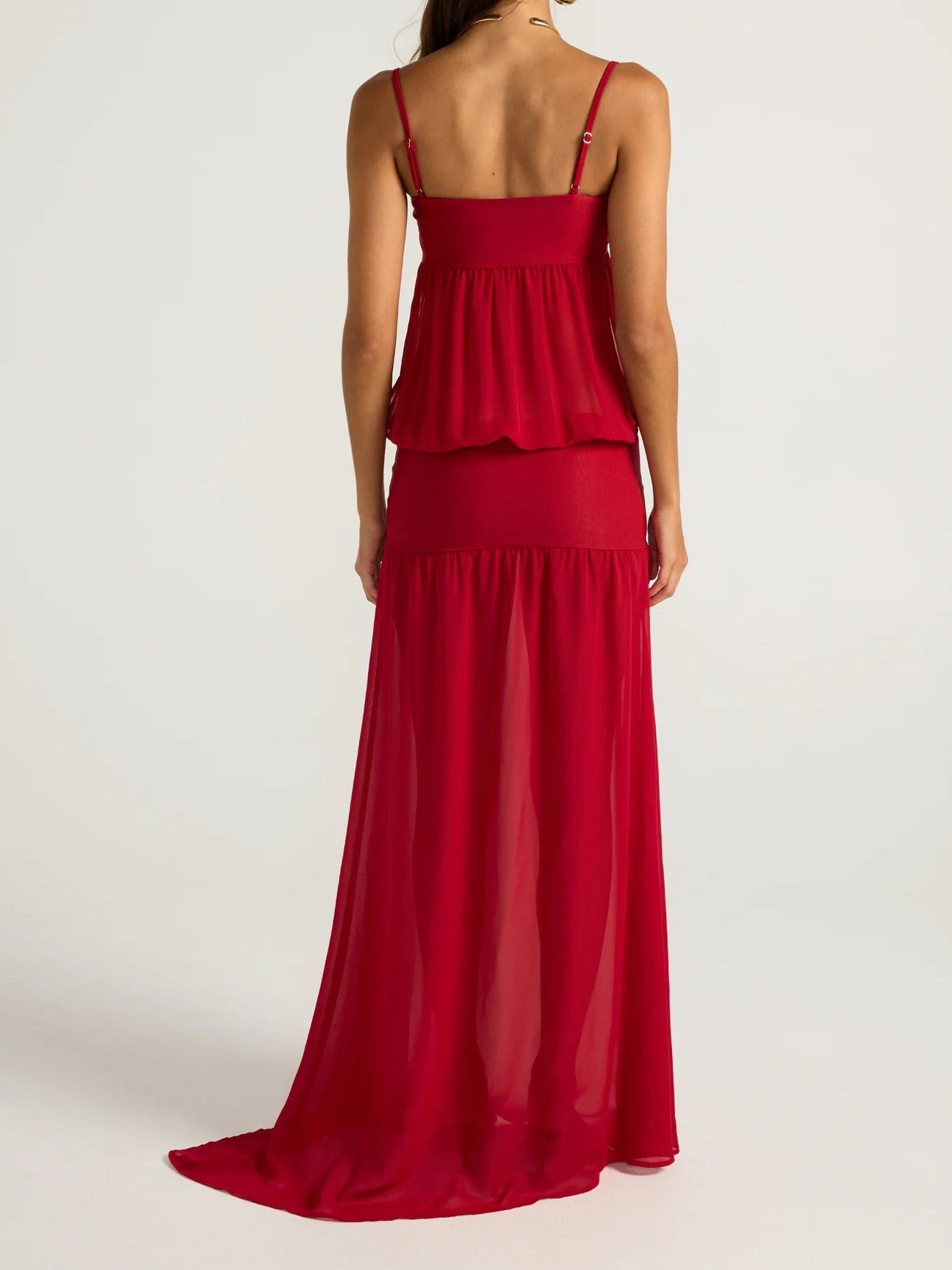 Red Strapless Ruffle Maxi Dress