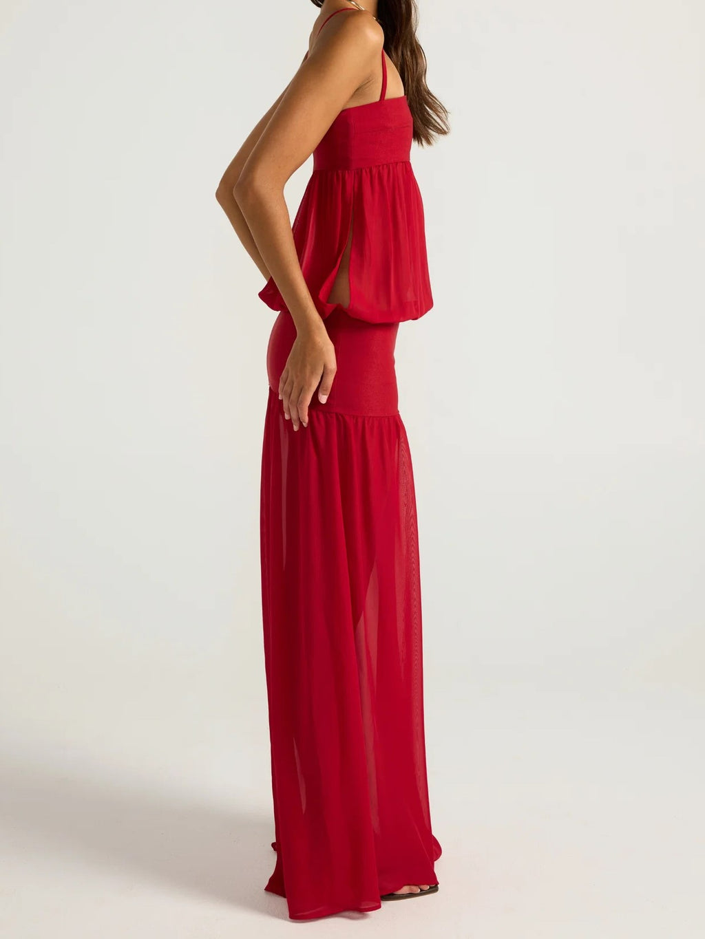 Red Strapless Ruffle Maxi Dress