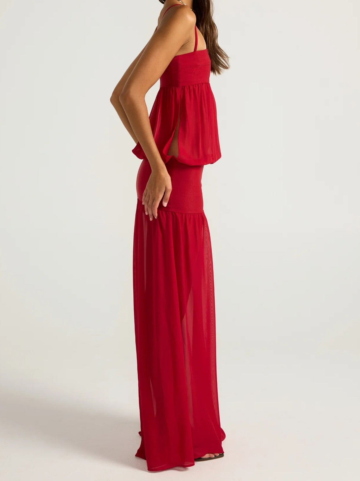 Red Strapless Ruffle Maxi Dress