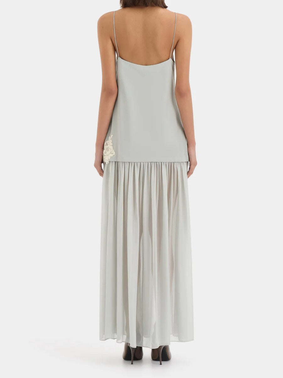 Grey Satin Lace Detail Midi Dress
