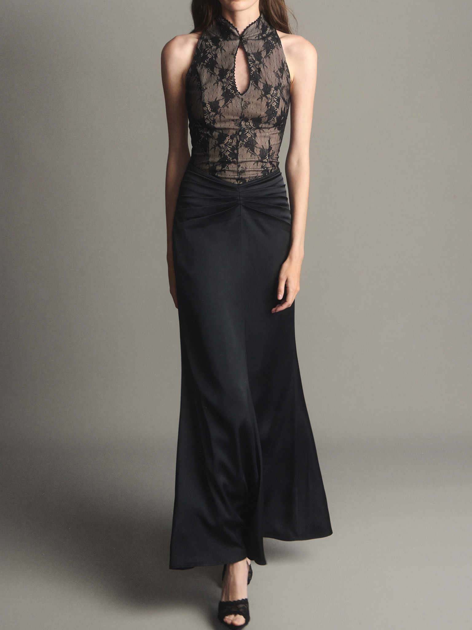 Black Sheer Lace Ruffle Maxi Dress