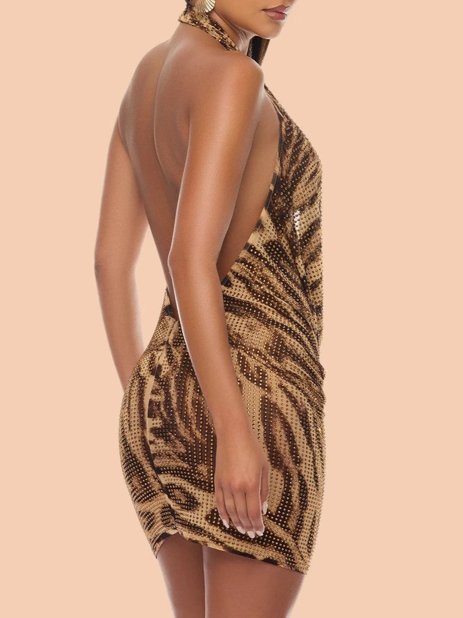 Brown Snake Print Halter Mini Dress