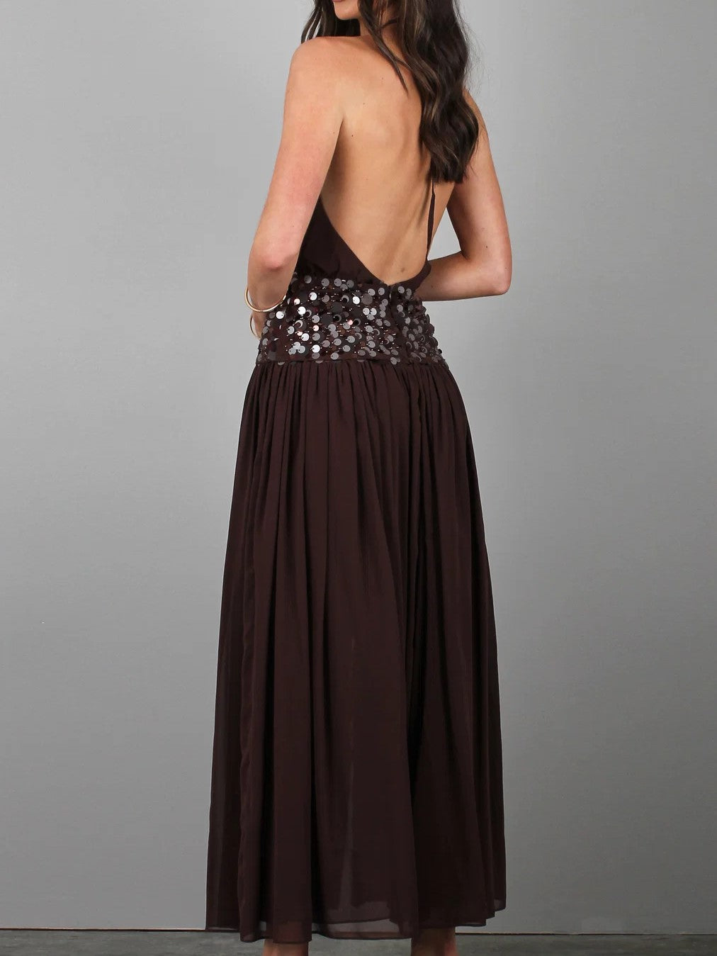 Black Sequin Belted High Slit Maxi Dress
