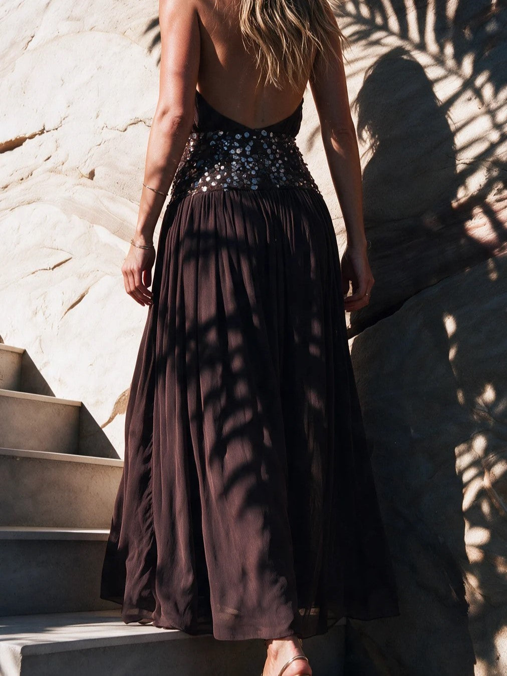 Black Sequin Belted High Slit Maxi Dress