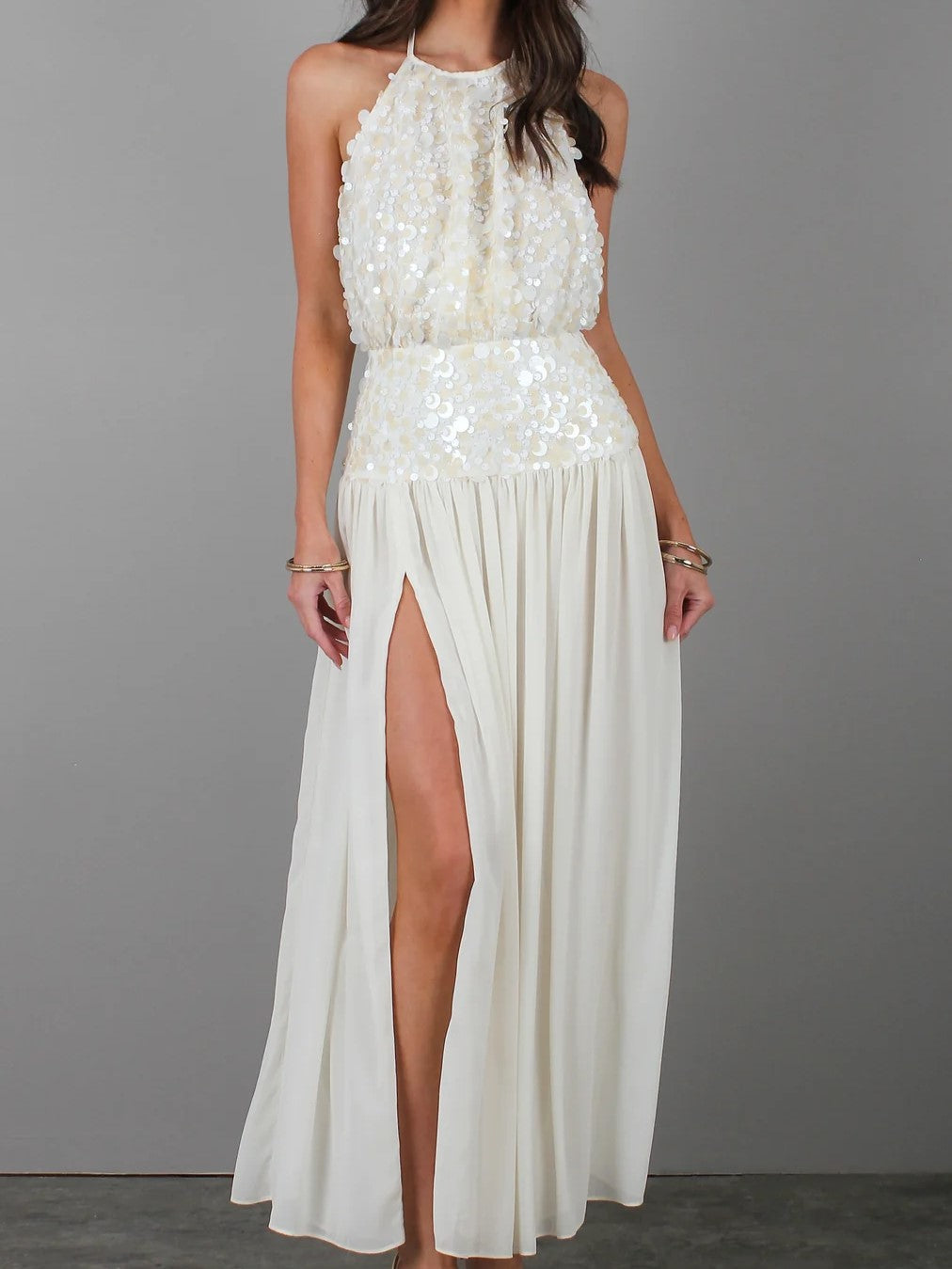 Cream Sequin High Slit Maxi Dress