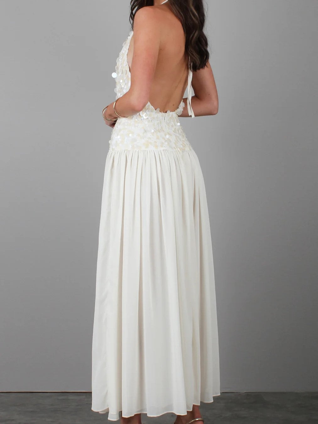 Cream Sequin High Slit Maxi Dress