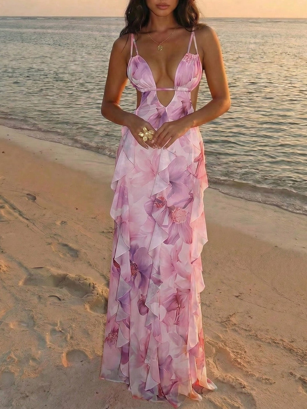 Pink Floral Ruffle Cutout Maxi Dress