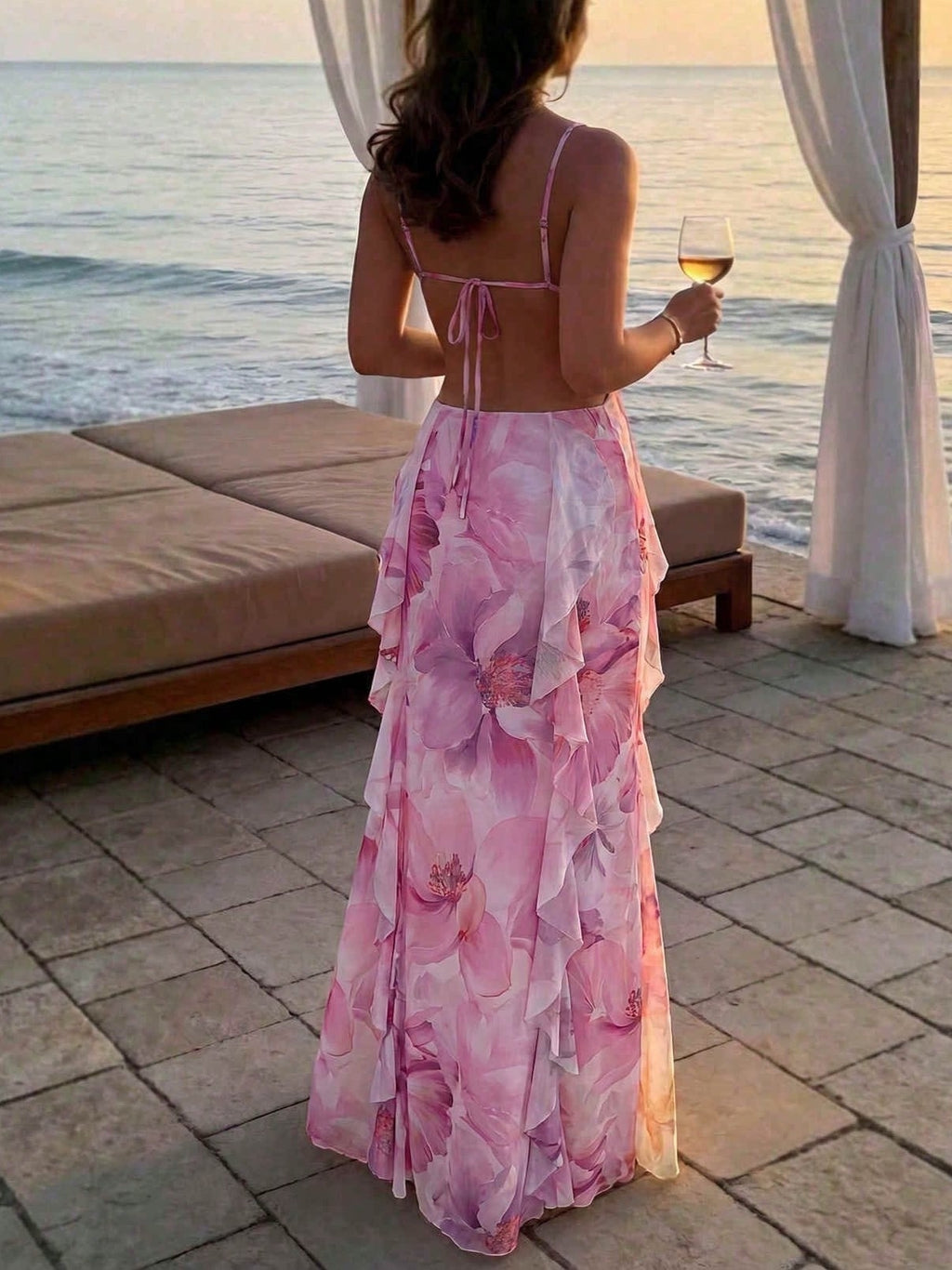 Pink Floral Ruffle Cutout Maxi Dress