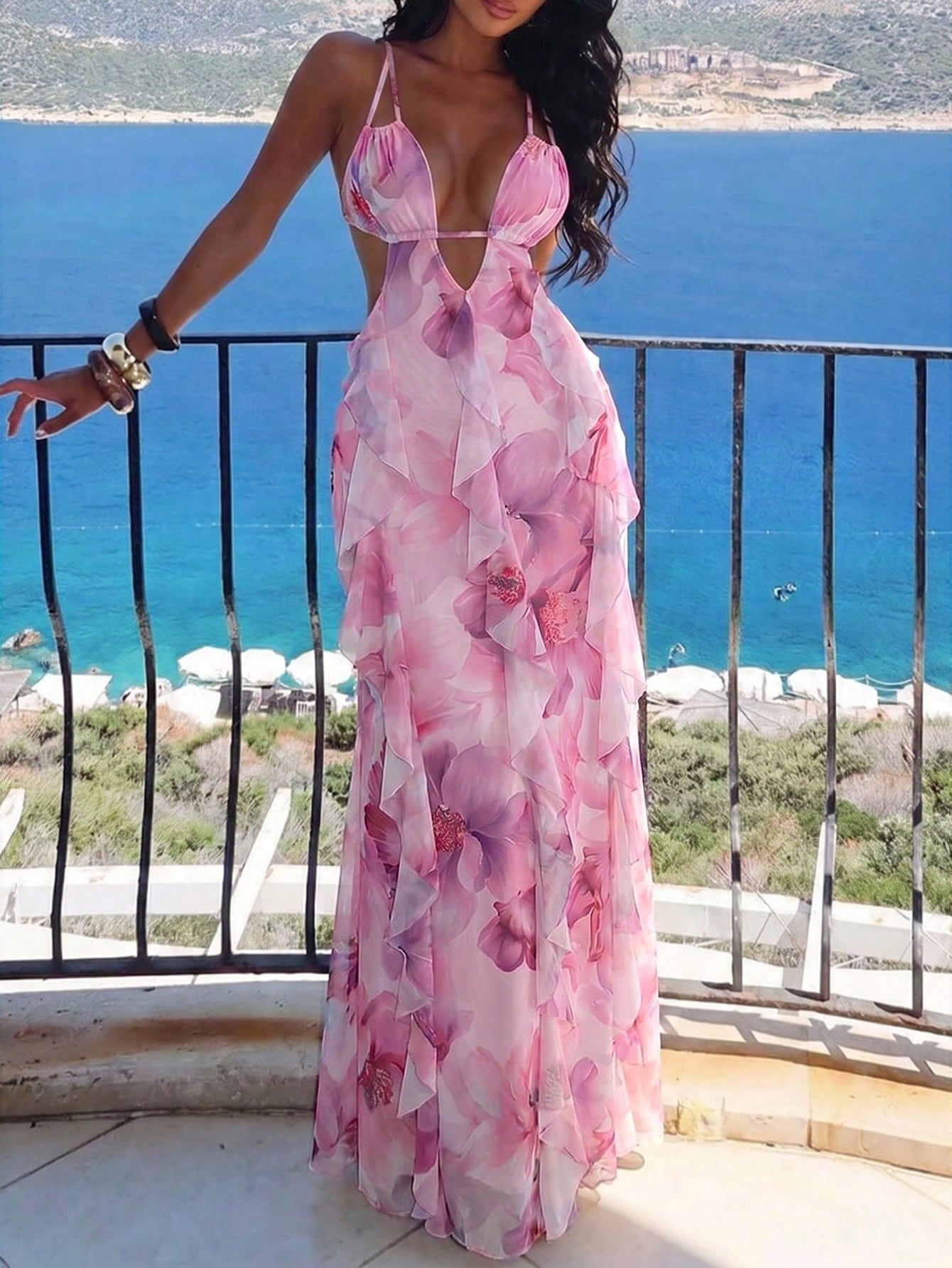 Pink Floral Ruffle Cutout Maxi Dress