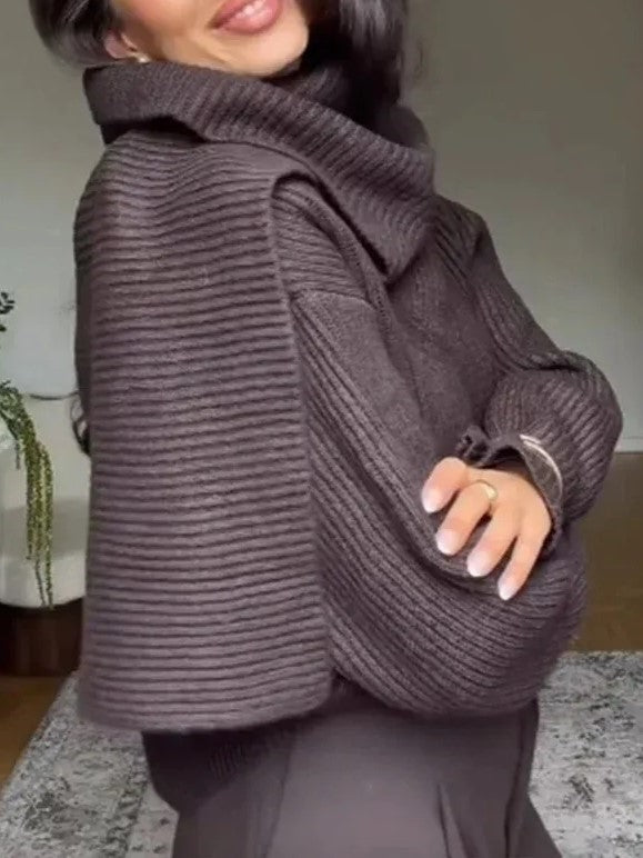 Dark Brown Ribbed Cowl Neck Sweater