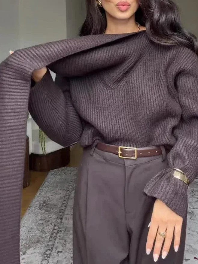 Dark Brown Ribbed Cowl Neck Sweater