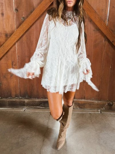 White Lace Long Sleeve Mini Dress