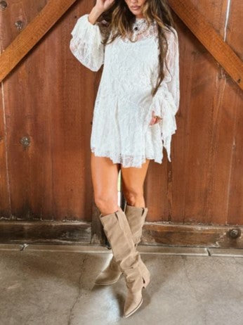 White Lace Long Sleeve Mini Dress