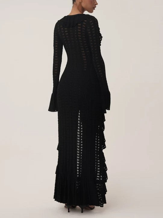 Black Crochet Ruffle Cardigan Dress