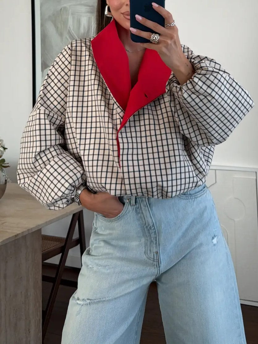Beige Plaid High Neck Blouse