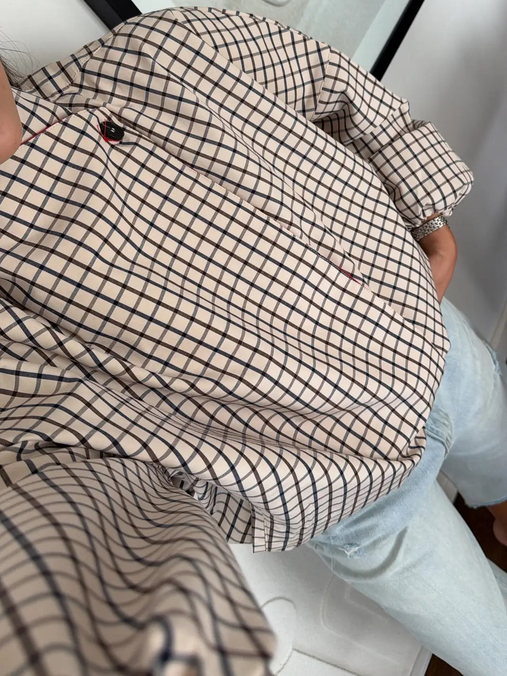 Beige Plaid High Neck Blouse