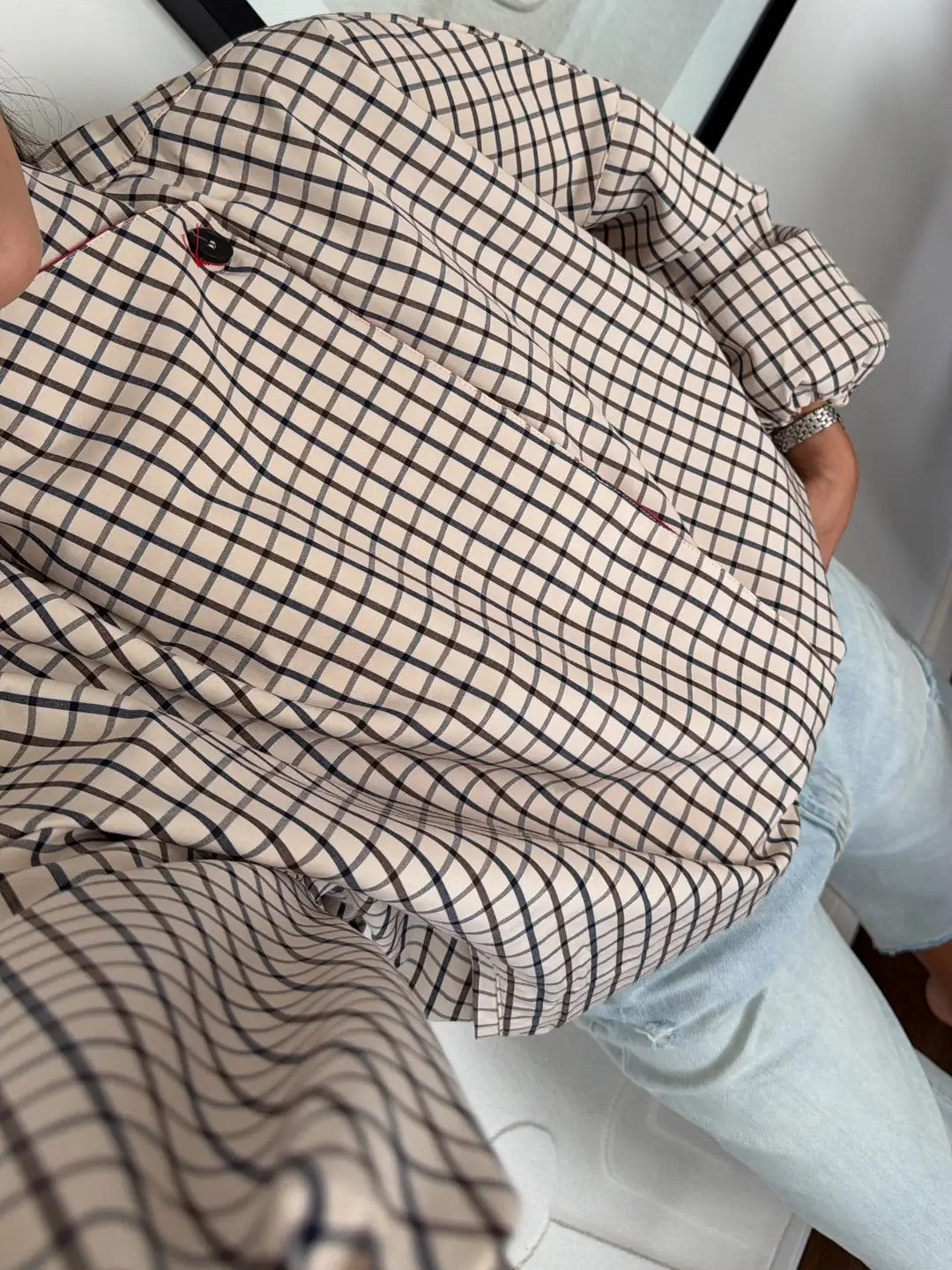 Beige Plaid High Neck Blouse