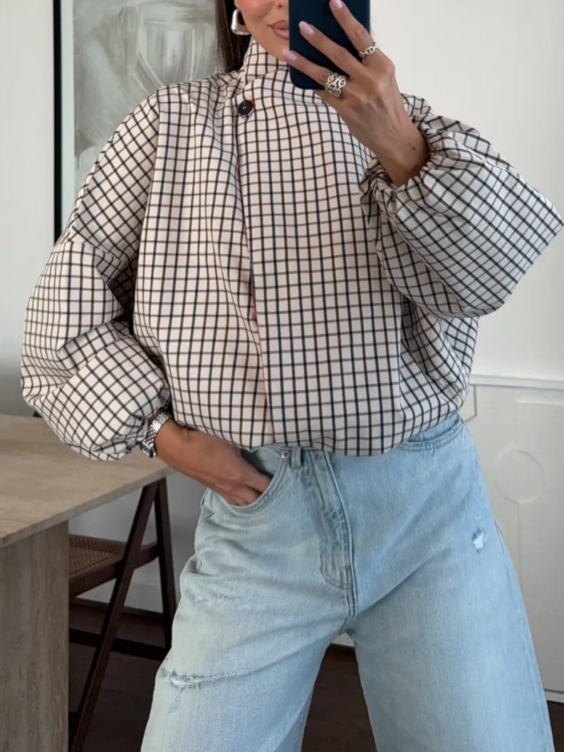 Beige Plaid High Neck Blouse