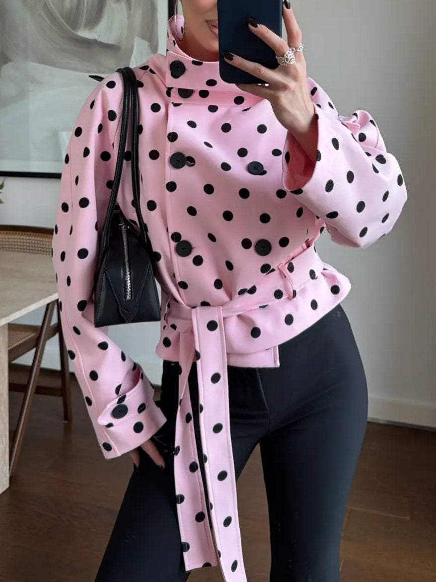 Pink Polka Dot Tie Waist Blouse