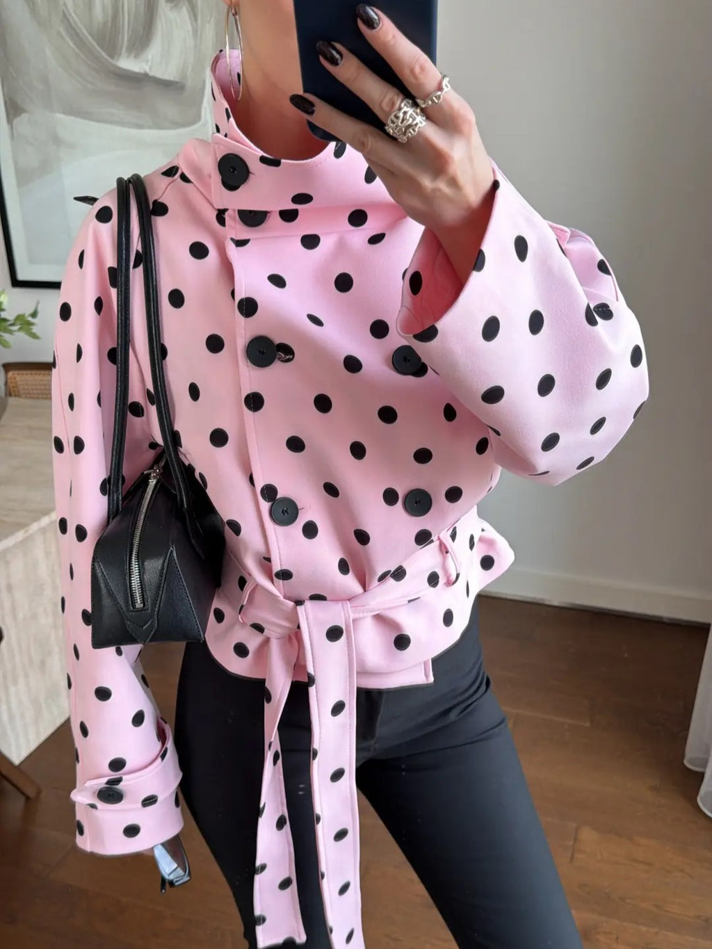 Pink Polka Dot Tie Waist Blouse