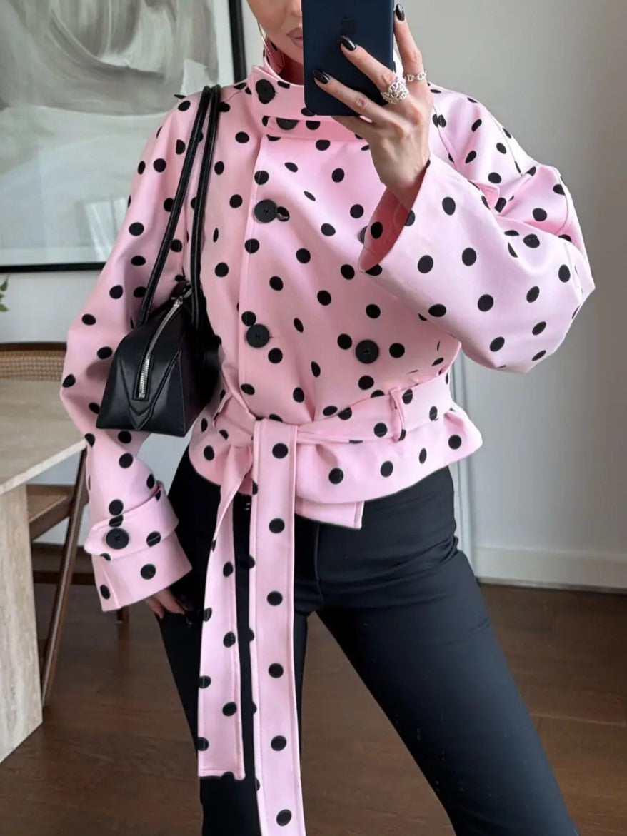 Pink Polka Dot Tie Waist Blouse