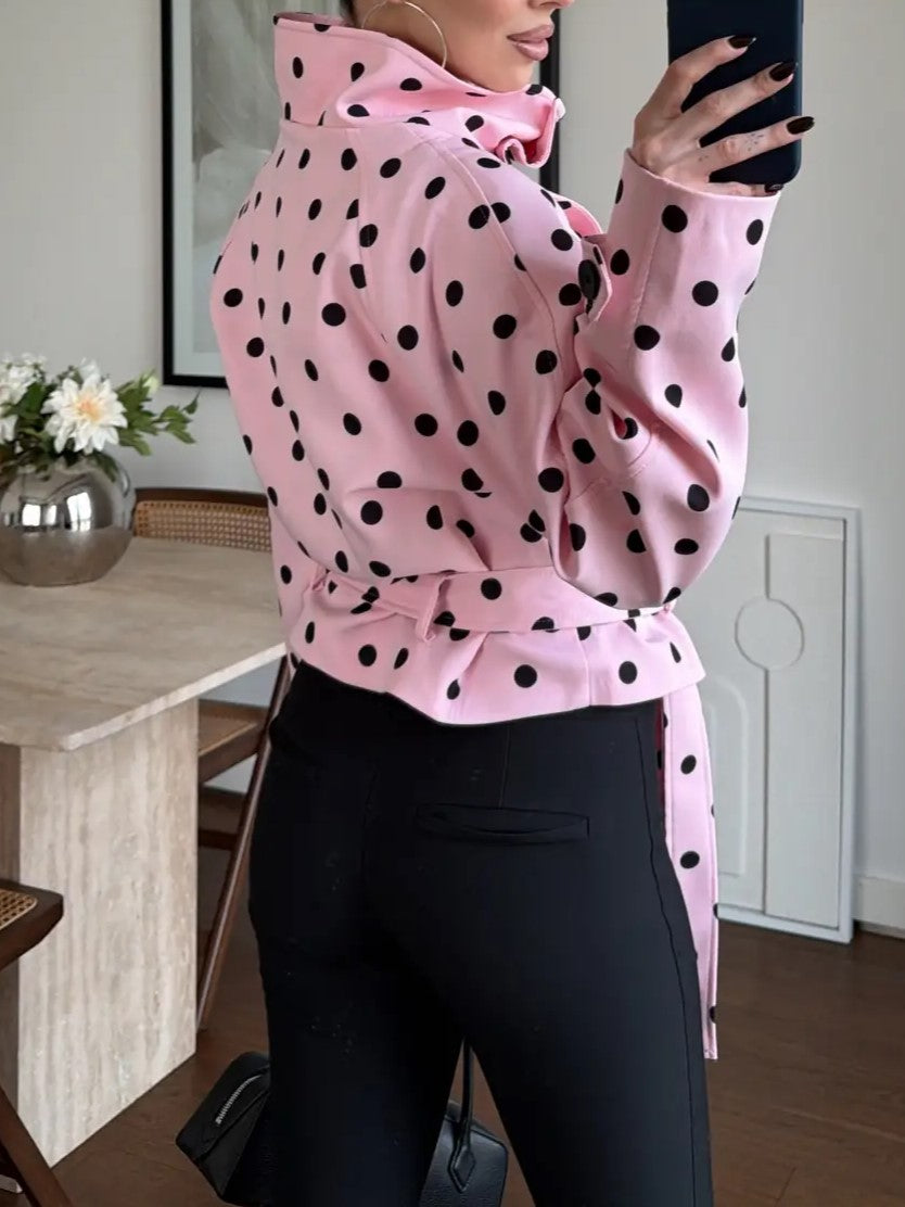 Pink Polka Dot Tie Waist Blouse