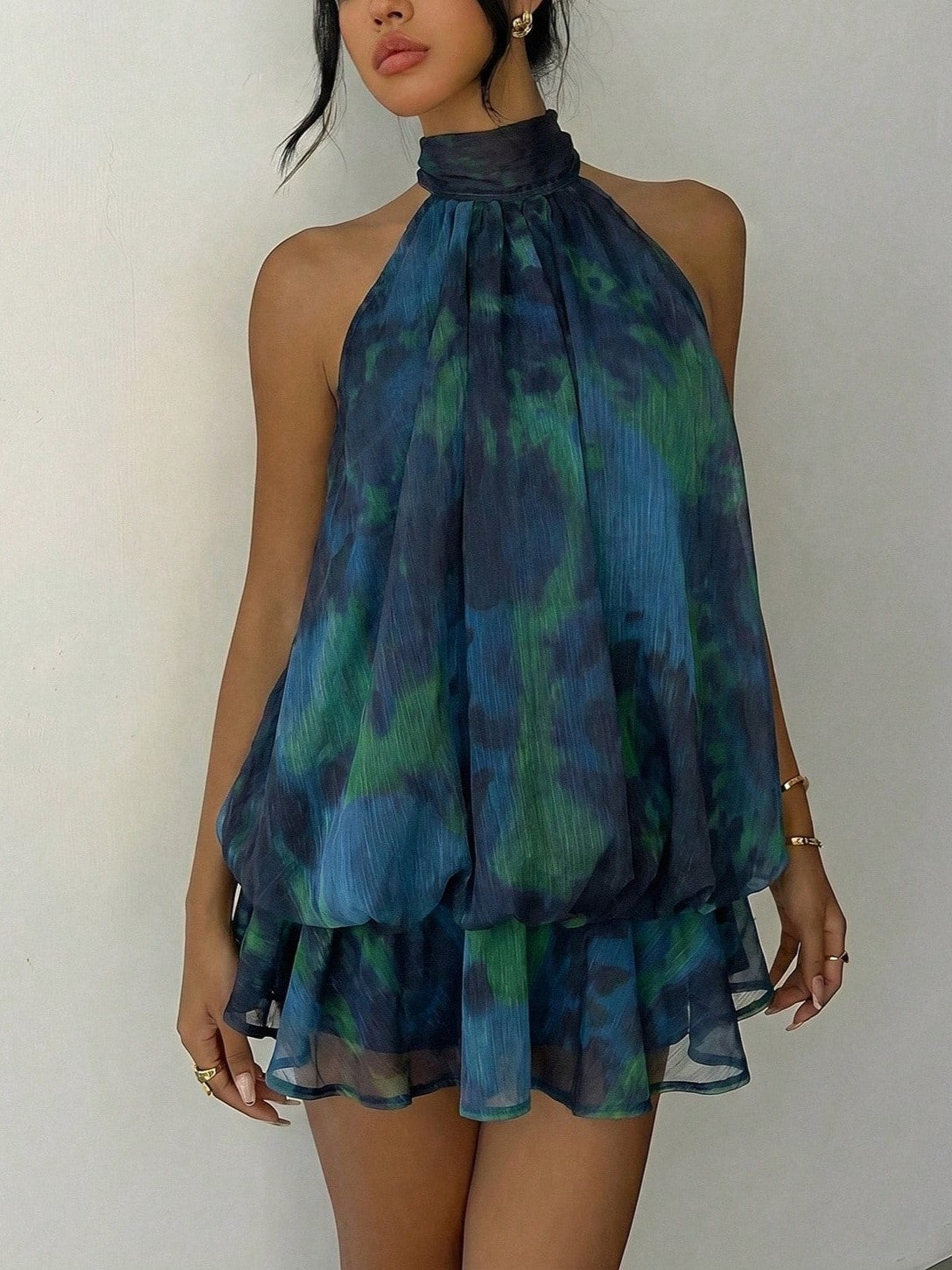 Blue Green Abstract Halter Neck Ruffle Flowy Mini Dress