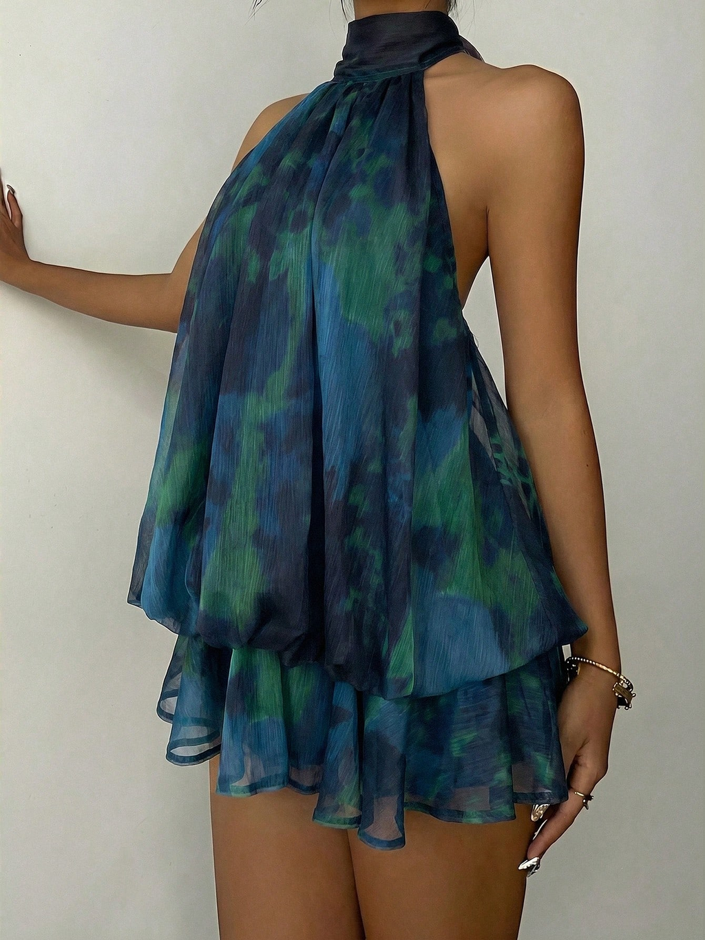 Blue Green Abstract Halter Neck Ruffle Flowy Mini Dress