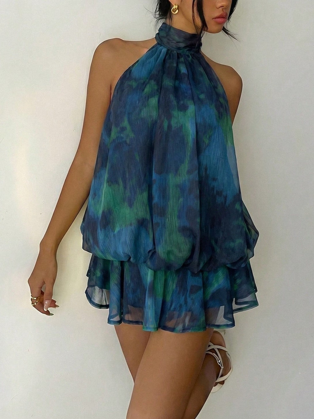 Blue Green Abstract Halter Neck Ruffle Flowy Mini Dress