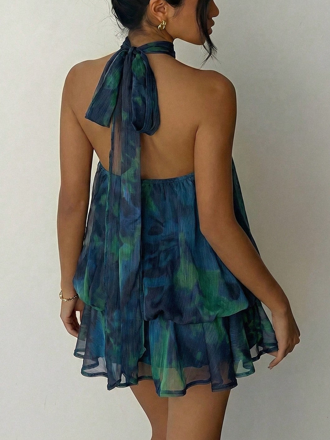 Blue Green Abstract Halter Neck Ruffle Flowy Mini Dress