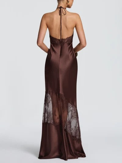 Dark Brown Satin Halter Neck Lace Trim Maxi Dress