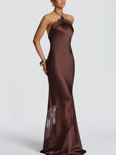 Dark Brown Satin Halter Neck Lace Trim Maxi Dress