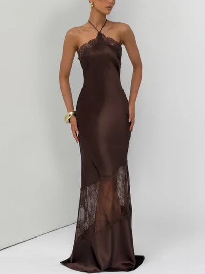 Dark Brown Satin Halter Neck Lace Trim Maxi Dress