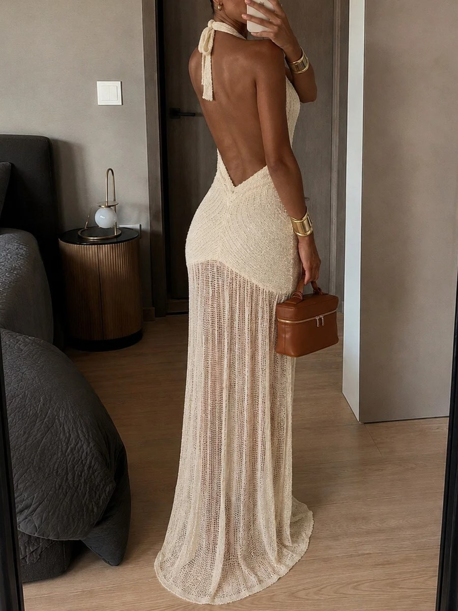 Cream Crochet Halter Tie Midi Dress