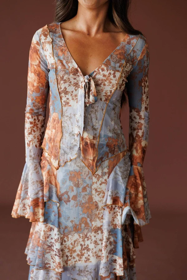 Blue Orange Floral Tiered Two-Piece Set