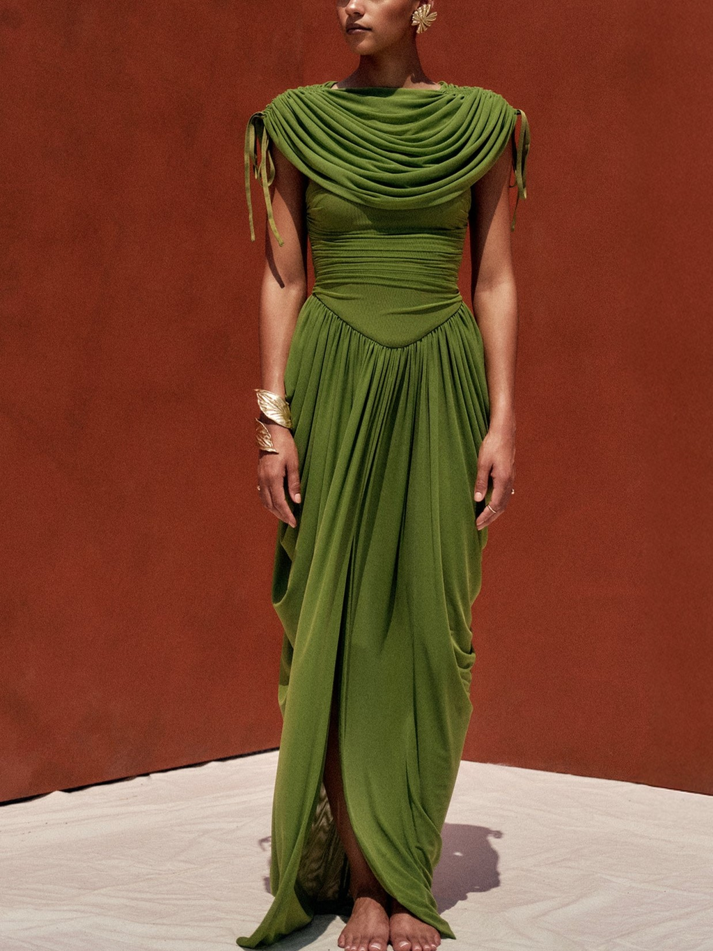 Green One-Shoulder Draped Maxi Dress