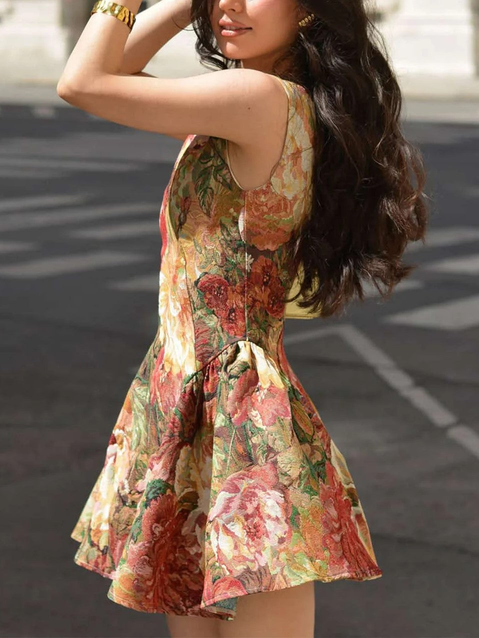 Green Floral Sleeveless Mini Dress